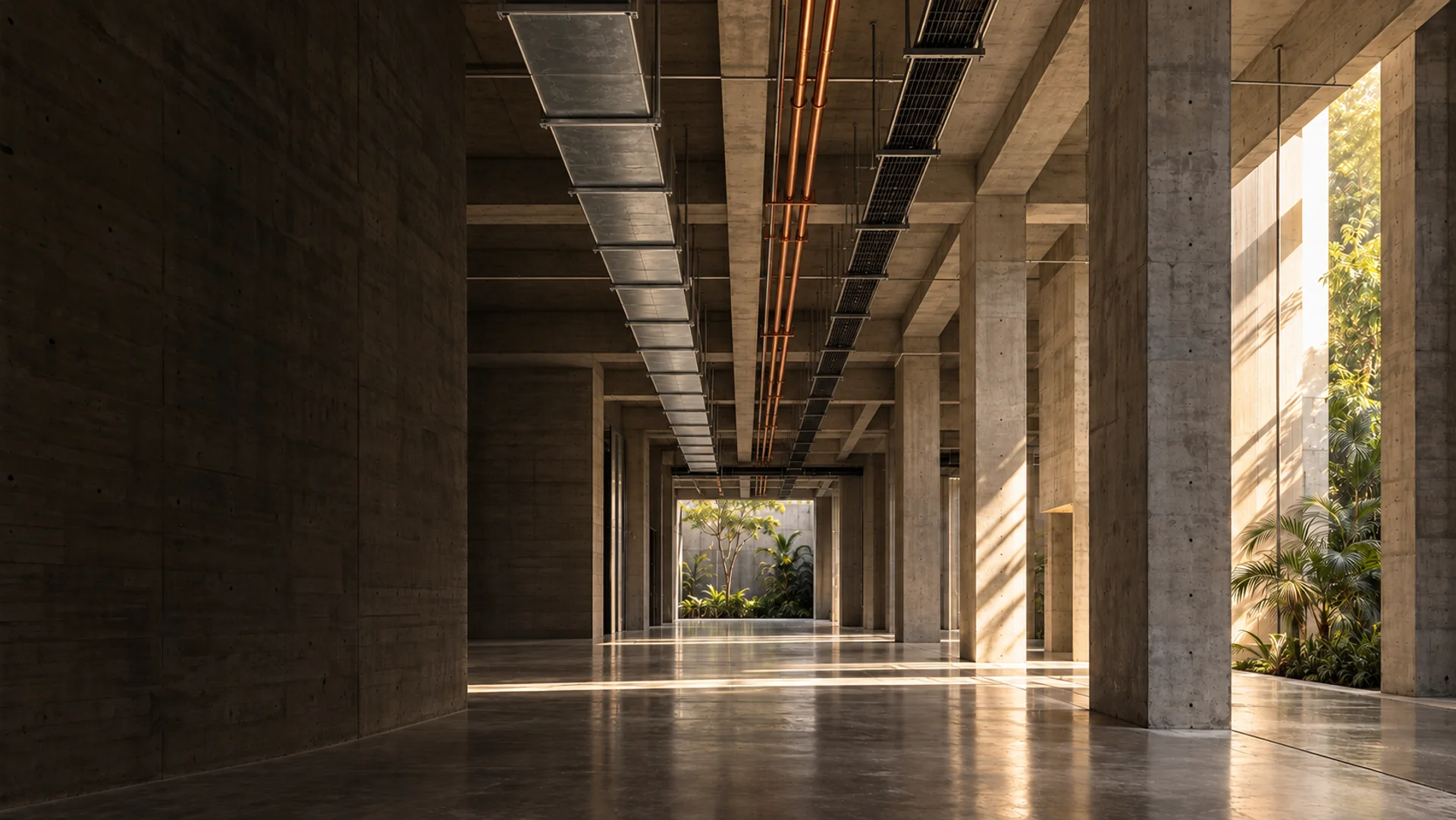 Estudio arquitectónico conceptual de luz, concreto e instalaciones vistas
