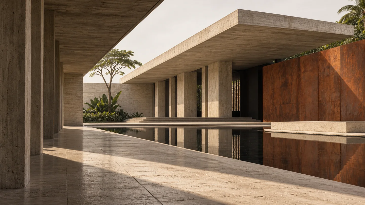 Estudio conceptual de un pabellón de concreto, agua y acero patinado